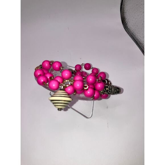 Pink Beaded Wood Ethnic Charms 9 3/8" Bracelet Vintage! - Picture 6 of 8